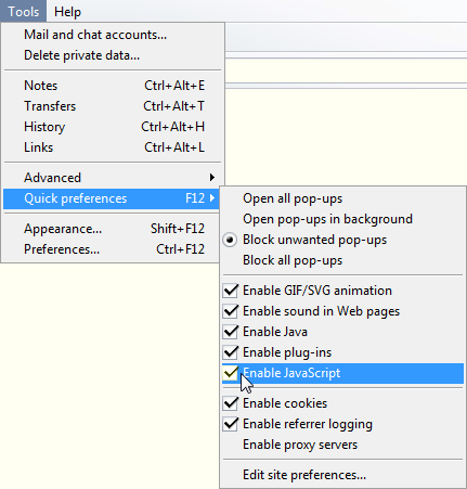 Enabling JavaScript in Opera Opera Quick Preferences menu